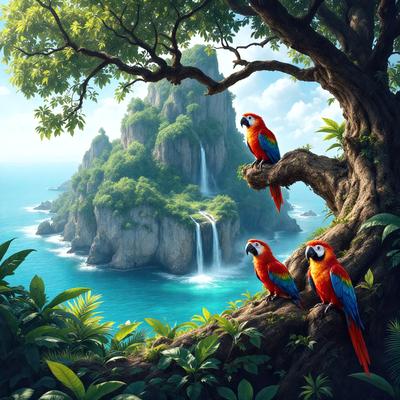 The primary subject of the image is a group of three colorful parrots perched on a tree branch. The setting is a lush, tropical environment with a backdrop of a beautiful waterfall. The visual style is a digital art or illustration, creating a vibrant and lively atmosphere. The colors and mood of the image are predominantly green, blue, and red, reflecting the natural beauty of the parrots and their surroundings.